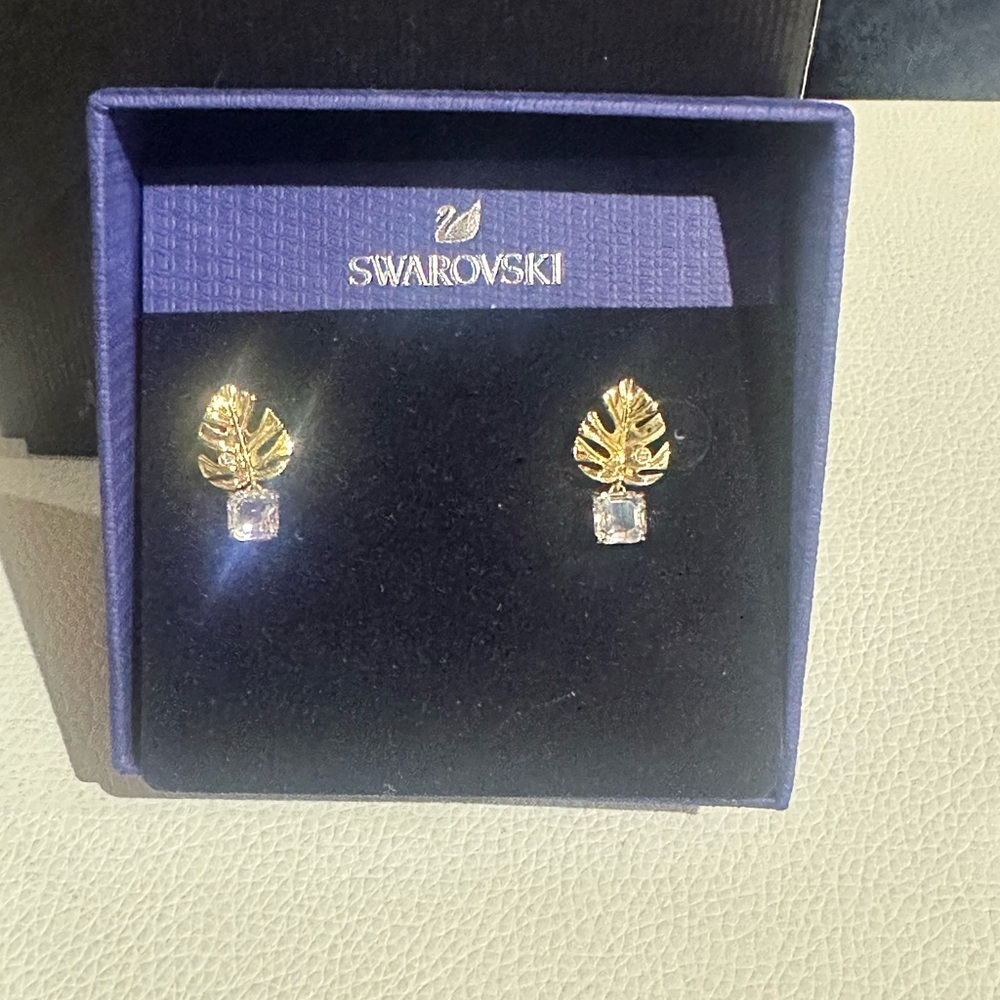 Swarovski Gold pleated small Palm Leaf Earrings with clear crystal